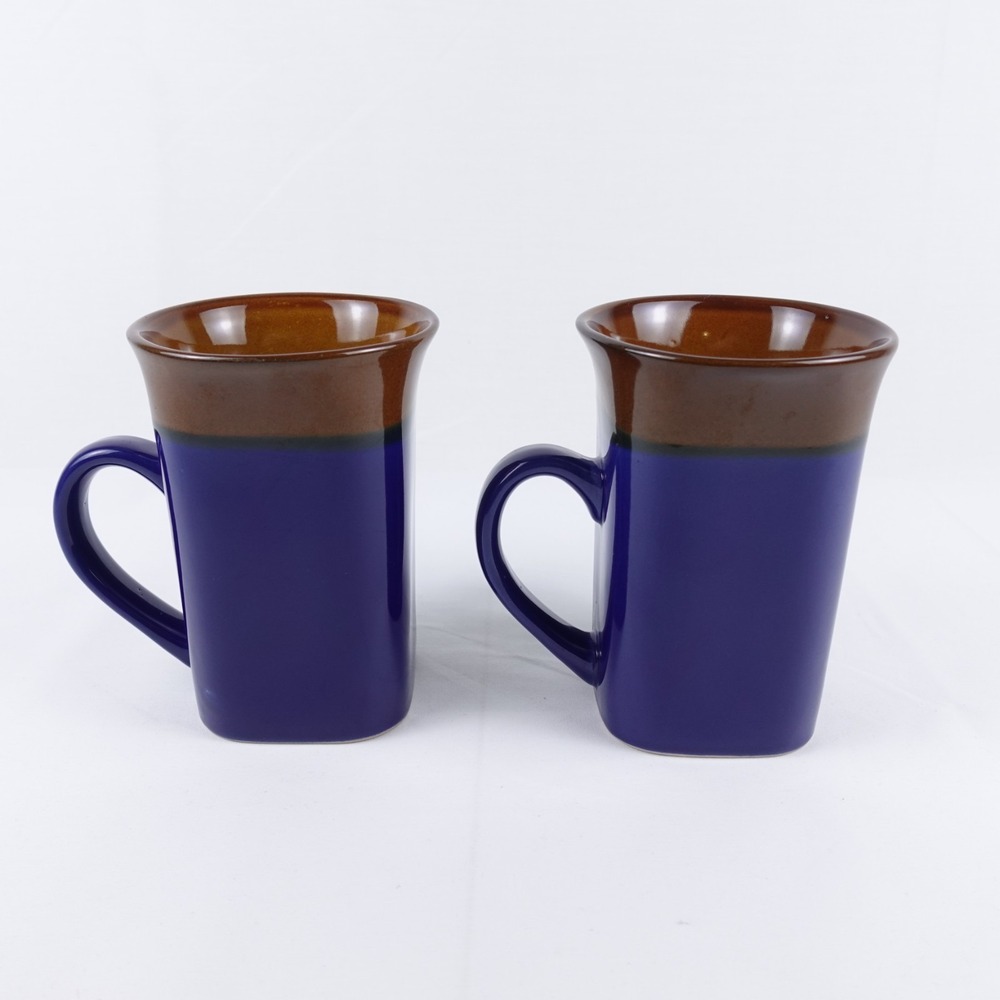 Royal Norfolk Stoneware Mugs Set of 2 Two-Tone Navy Blue Brown Square Base Cups